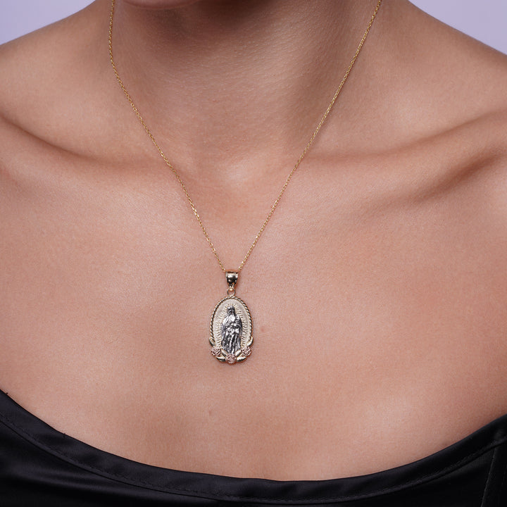 14K Tri Color Gold Guadalupe Medallion With Flowers Pendant