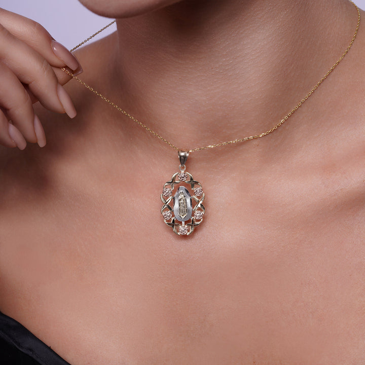 14K Tri Color Gold Guadalupe With Flowers Pendant