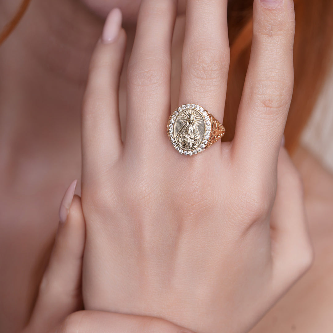 10K/14K Yellow Gold La Caridad Medallion Ring With Cubic Zirconia Stones