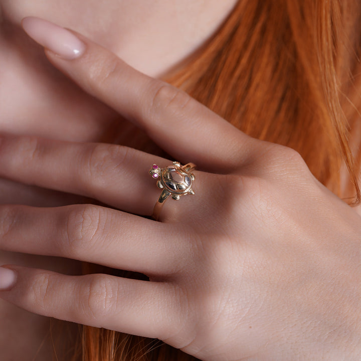 14K Tri-Color Gold Turtle Ring with Cubic Zirconia Ruby Stones