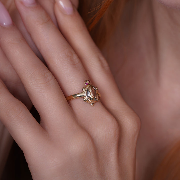 14K Tri-Color Gold Turtle Ring with Cubic Zirconia Ruby Stones