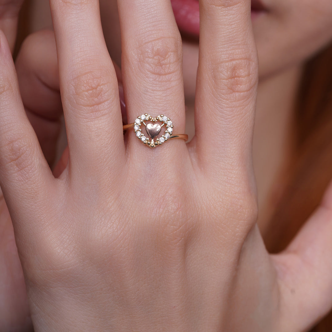 14K Tri Color Gold Center Heart Ring With Cubic Zirconia Stones