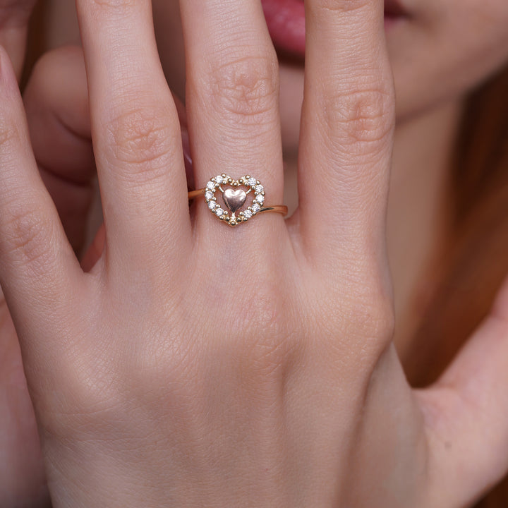 14K Tri Color Gold Center Heart Ring With Cubic Zirconia Stones