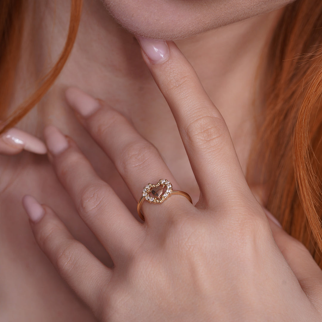 14K Tri Color Gold Center Heart Ring With Cubic Zirconia Stones