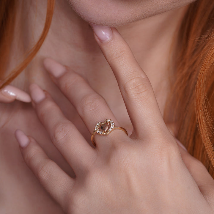 14K Tri Color Gold Center Heart Ring With Cubic Zirconia Stones