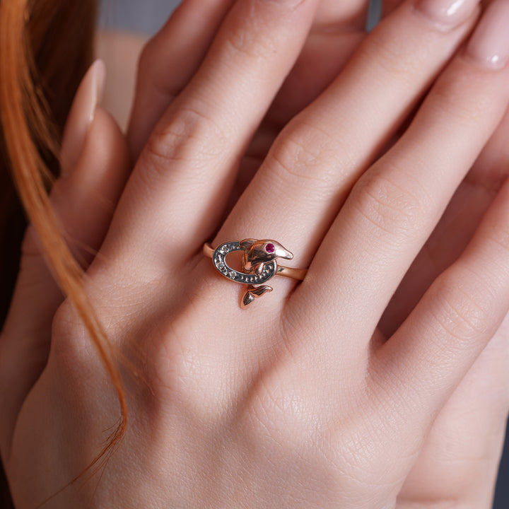 14K Tri Color Gold Center Dolphin Ring with Ruby Stone