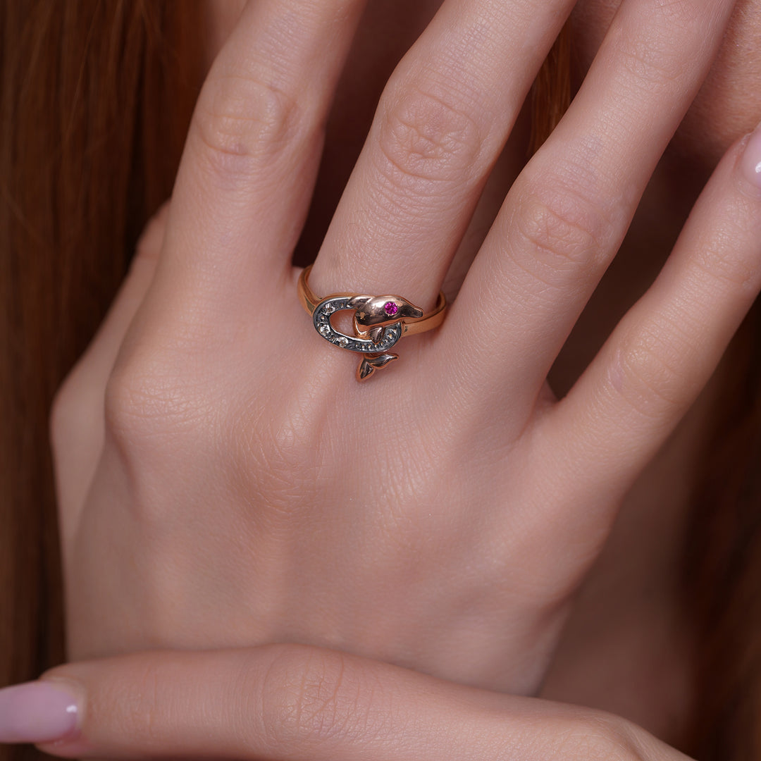 14K Tri Color Gold Center Dolphin Ring with Ruby Stone