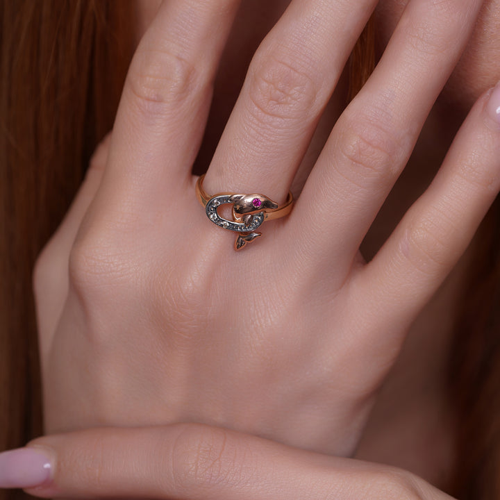 14K Tri Color Gold Center Dolphin Ring with Ruby Stone