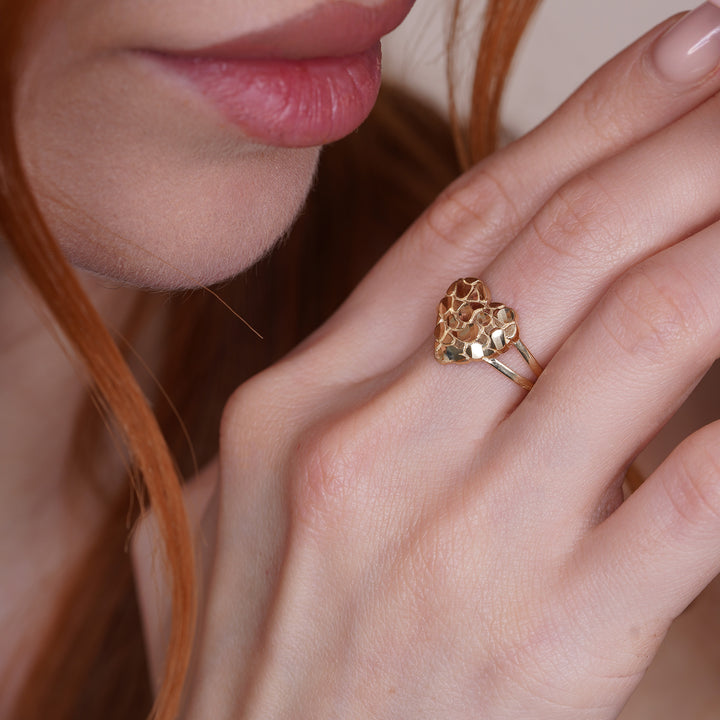 14K Yellow Gold Nugget Heart Ring