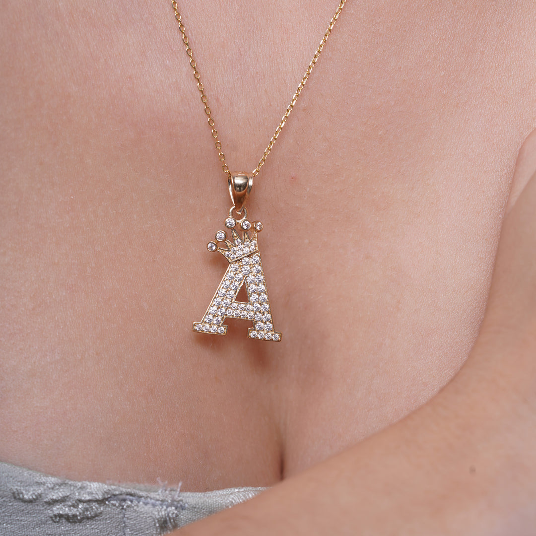 14K Yellow Gold Crown Initial Pendant with Cubic Zirconia Stones
