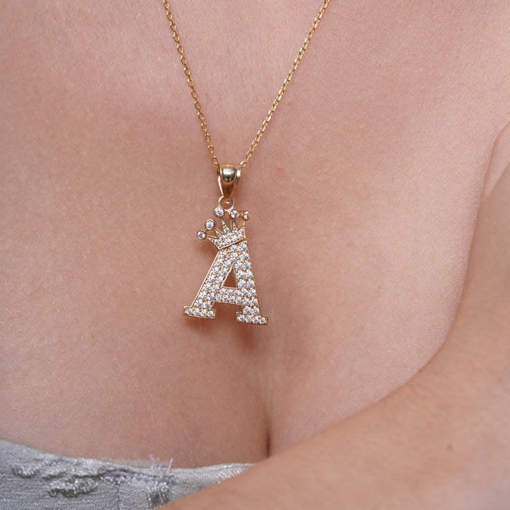 14K Yellow Gold Crown Initial Pendant with Cubic Zirconia Stones