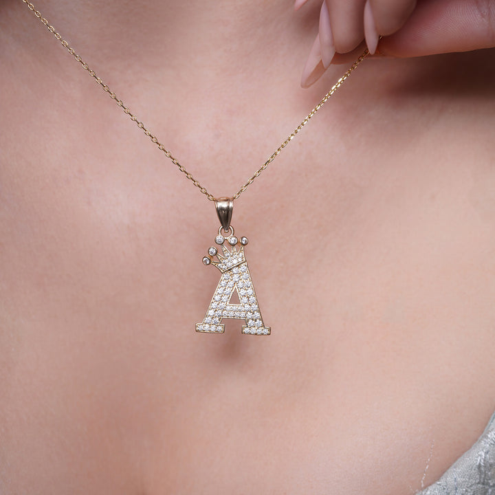 14K Yellow Gold Crown Initial Pendant with Cubic Zirconia Stones