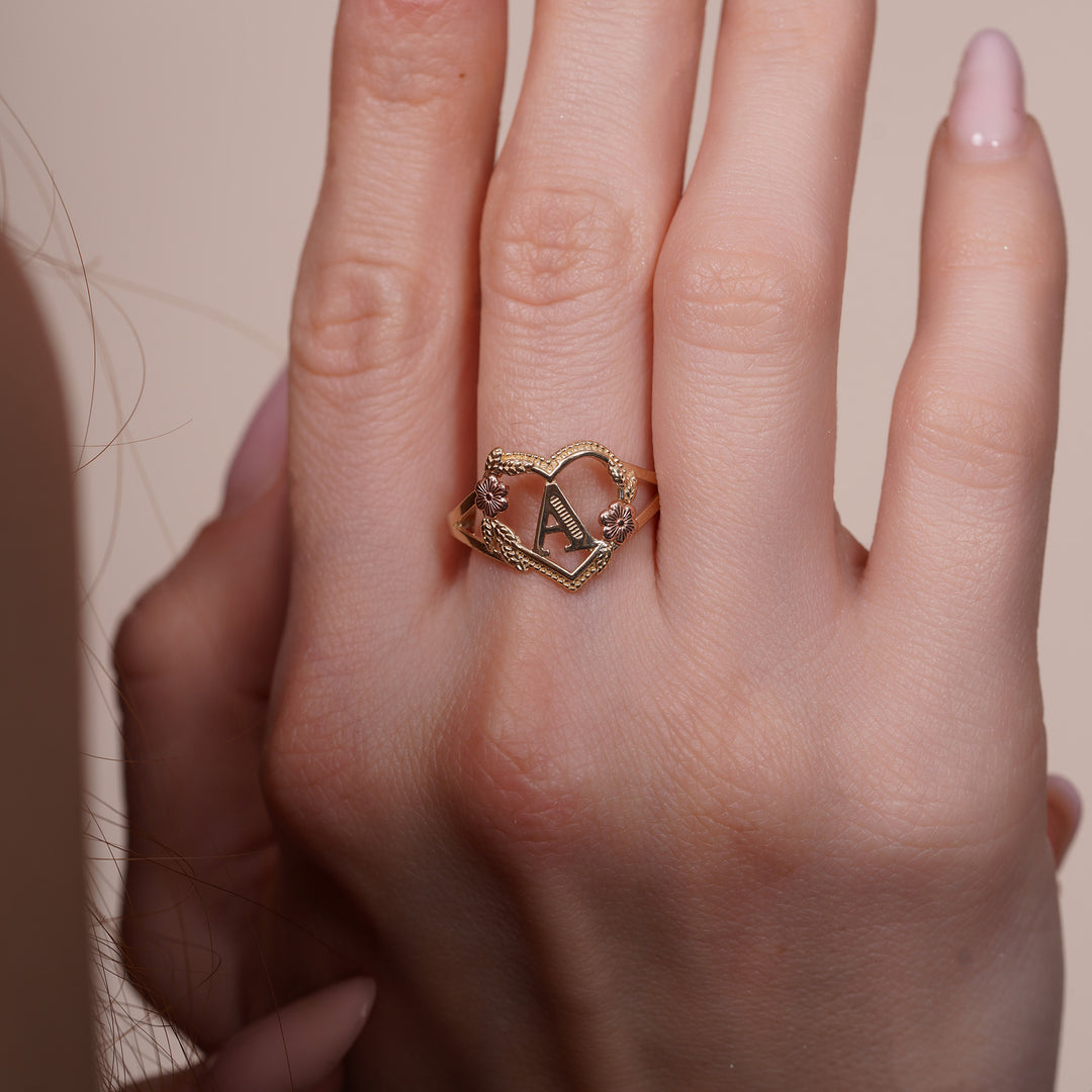 10K/14K Tri Color Gold Heart Floral Initial Ring