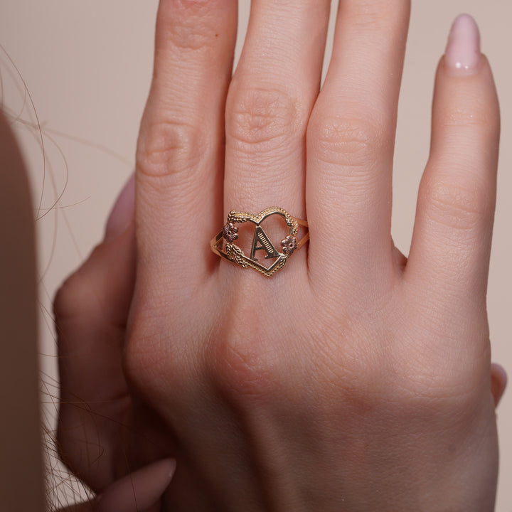 10K/14K Tri Color Gold Heart Floral Initial Ring