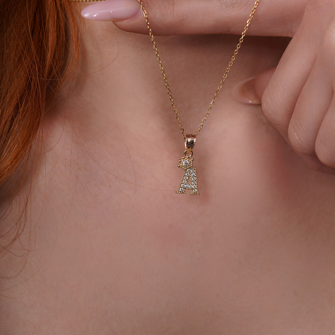 10K/14K Yellow Gold Small Crown Initial Pendant with Cubic Zirconia Stones