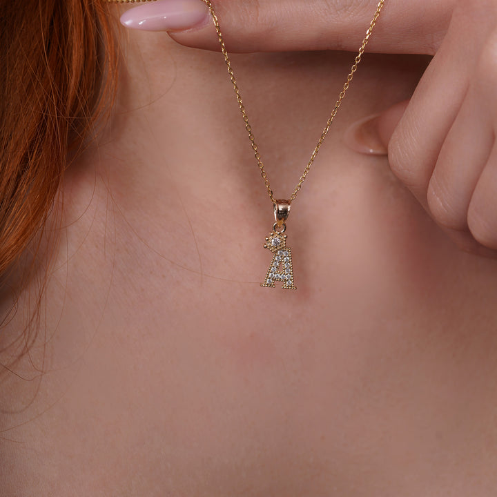 10K/14K Yellow Gold Small Crown Initial Pendant with Cubic Zirconia Stones