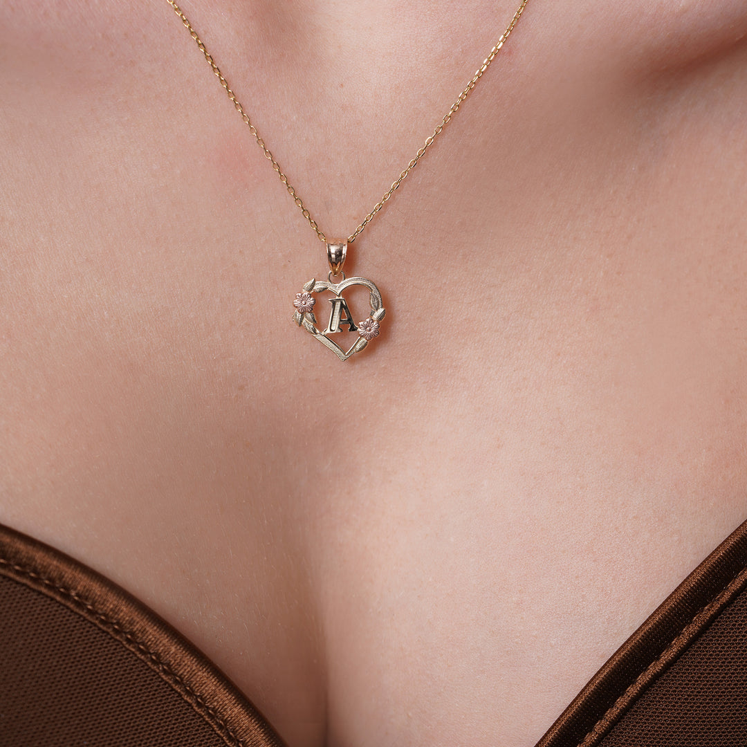 10K/14K Tri Color Gold Heart Floral Initial Pendant