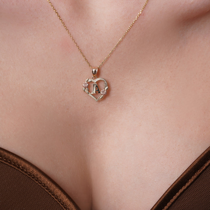 10K/14K Tri Color Gold Heart Floral Initial Pendant