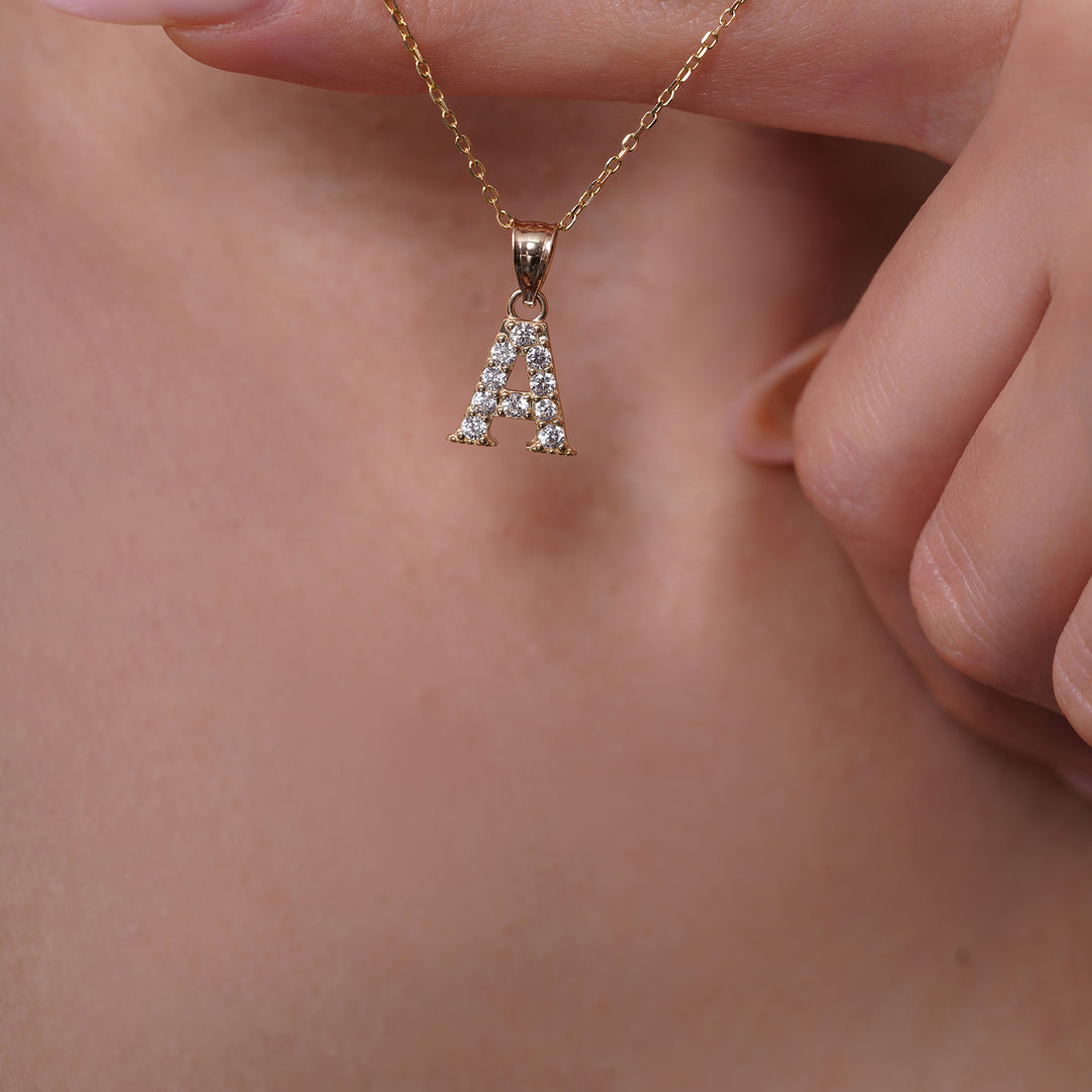 14K Yellow Gold Initial Pendant with Cubic Zirconia Stones