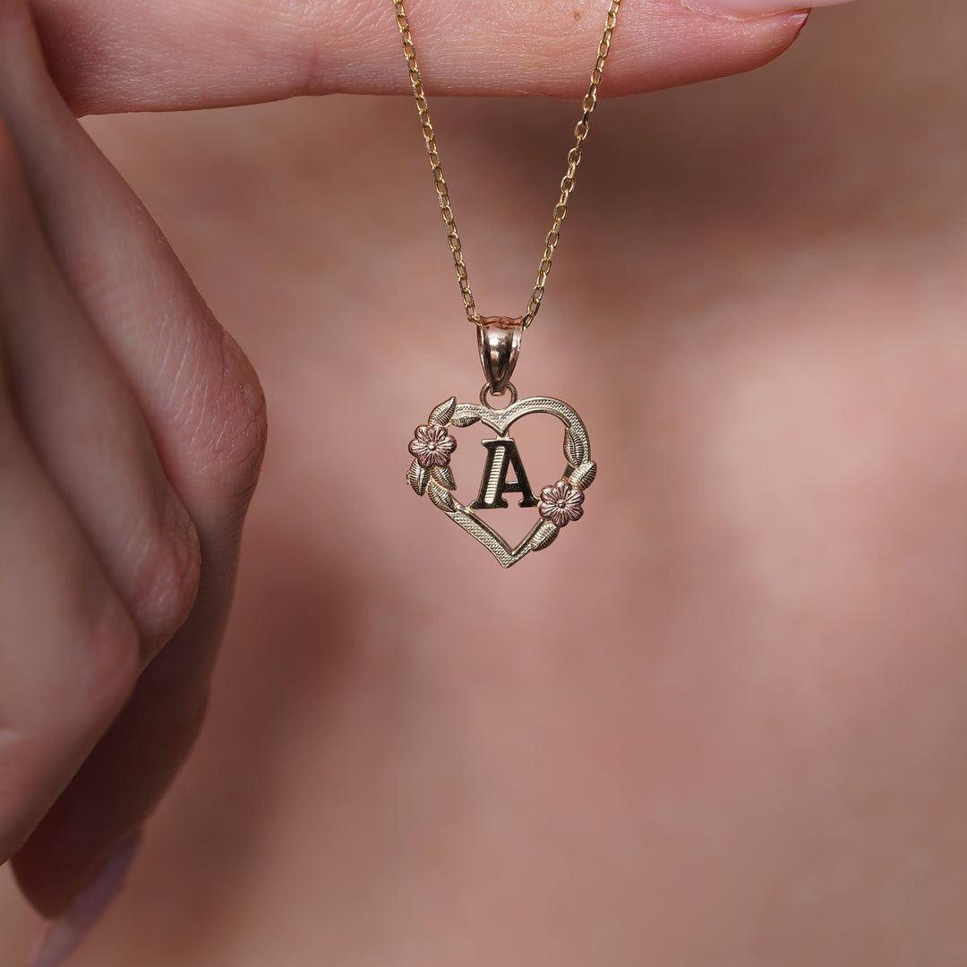 10K/14K Tri Color Gold Heart Floral Initial Pendant