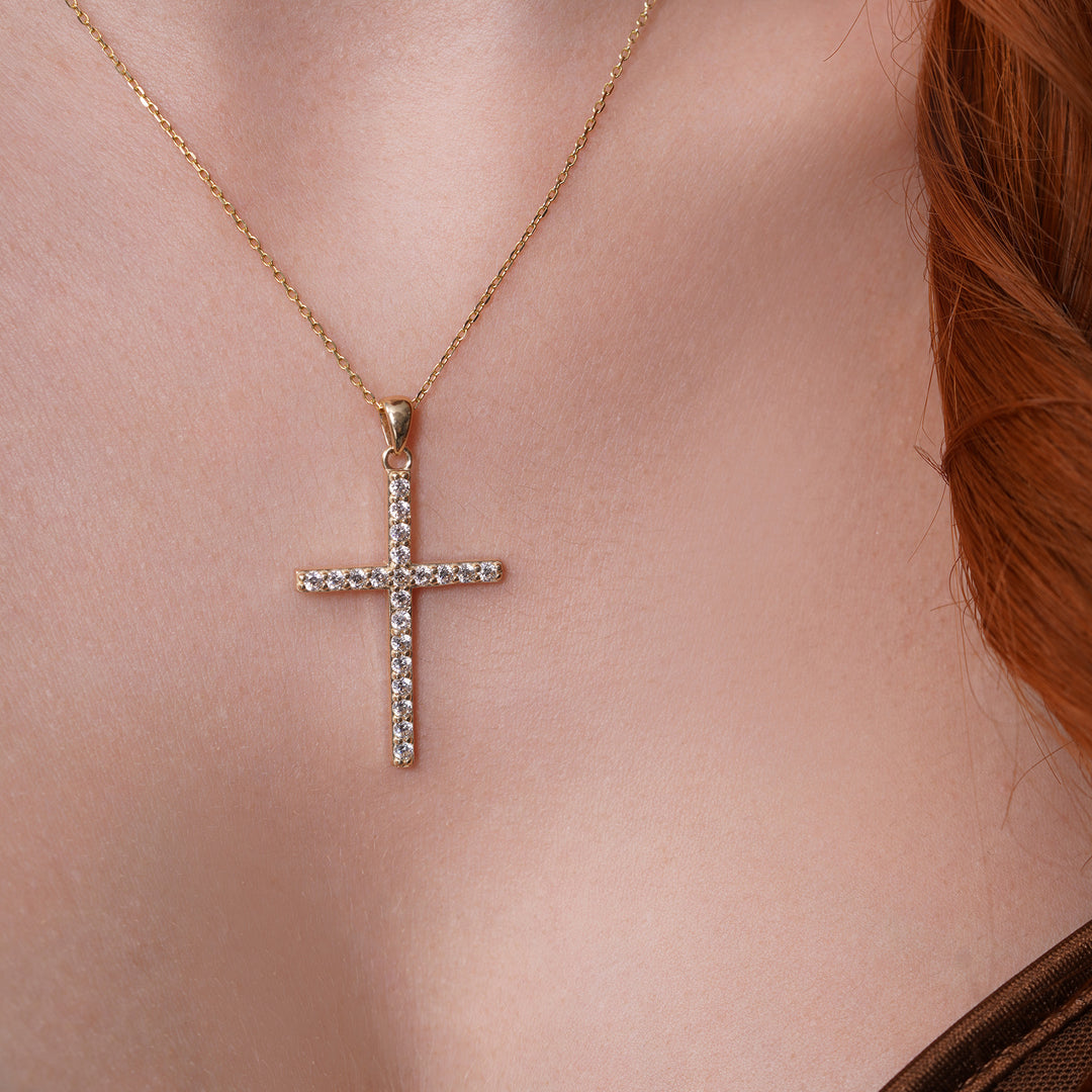 14K Yellow Gold Cross Elegant Pendant With Cubic Zirconia Stones
