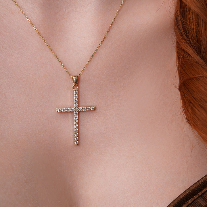 14K Yellow Gold Cross Elegant Pendant With Cubic Zirconia Stones