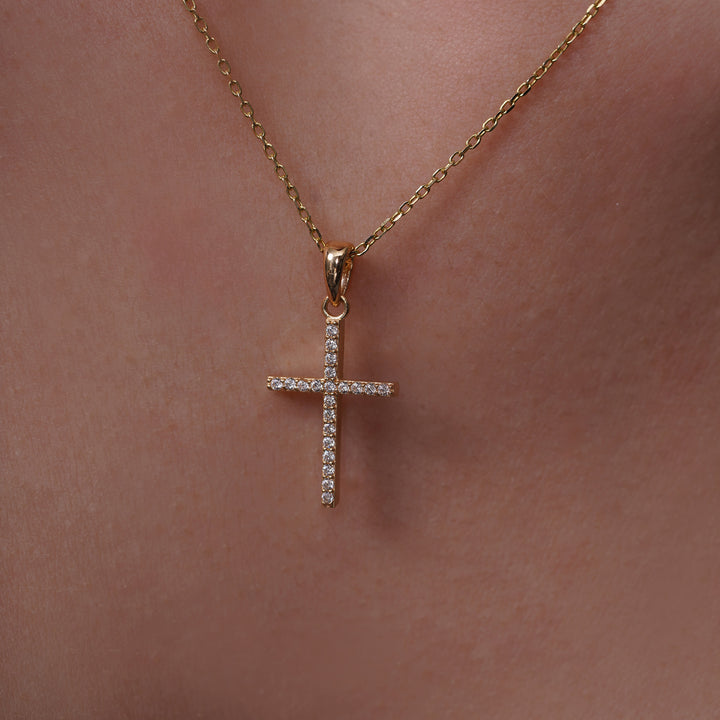 14K Yellow Gold Cross Elegant Pendant With Cubic Zirconia Stones