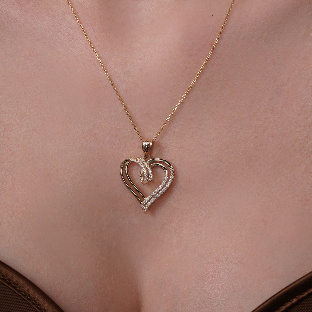 14k Yellow Gold Intertwined Heart Pendant With Cubic Zirconia Stones