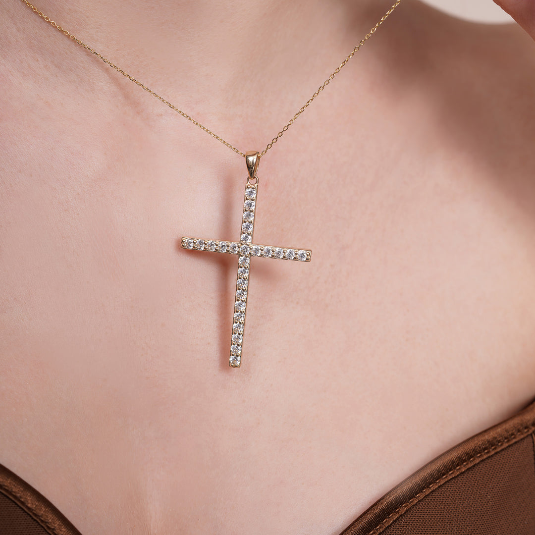 14K Yellow Gold Cross Elegant Pendant With Cubic Zirconia Stones