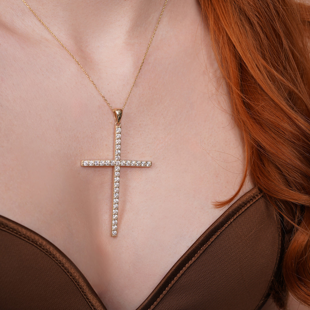14K Yellow Gold Cross Elegant Pendant With Cubic Zirconia Stones