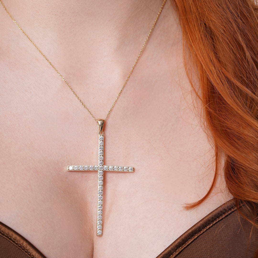 14K Yellow Gold Cross Elegant Pendant With Cubic Zirconia Stones