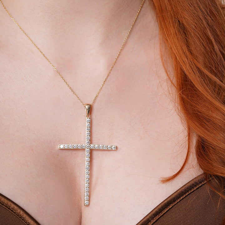14K Yellow Gold Cross Elegant Pendant With Cubic Zirconia Stones