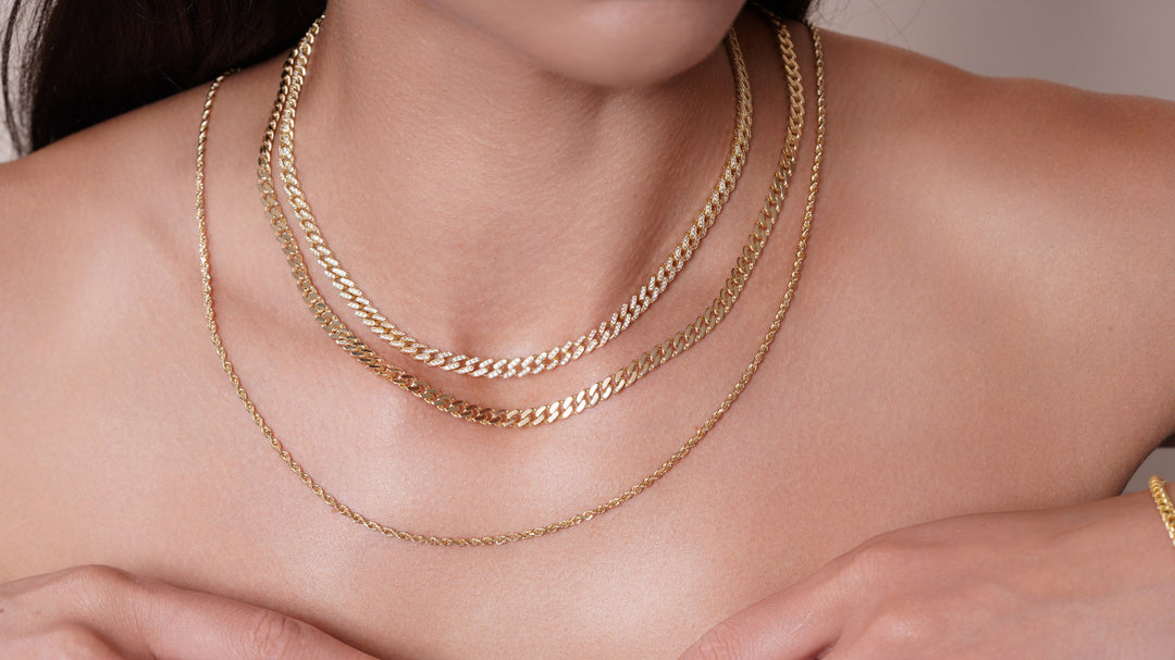 14K Semi-Hollow Yellow Gold Cuban CZ Link Necklace Chain 16 - 24 inch 5mm