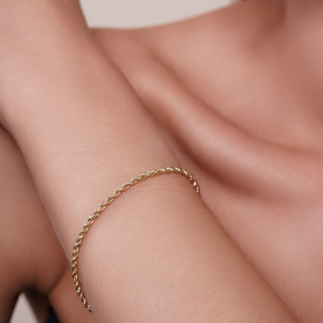 14K Semi-Hollow Yellow Gold 2.5mm Rope Chain Bracelet with Lobster Lock