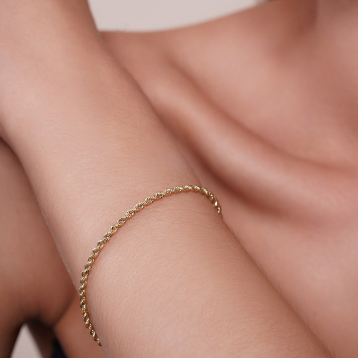 14K Semi-Hollow Yellow Gold 2.5mm Rope Chain Bracelet with Lobster Lock