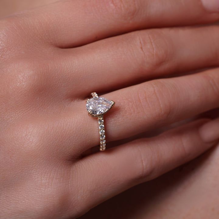 10K/14K Yellow Gold Solitaire CZ Pear Cut Ring with Micro Pavé Band