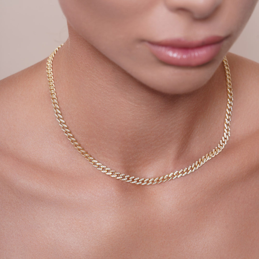 14K Semi-Hollow Yellow Gold Cuban CZ Link Necklace Chain 16 - 24 inch 5mm