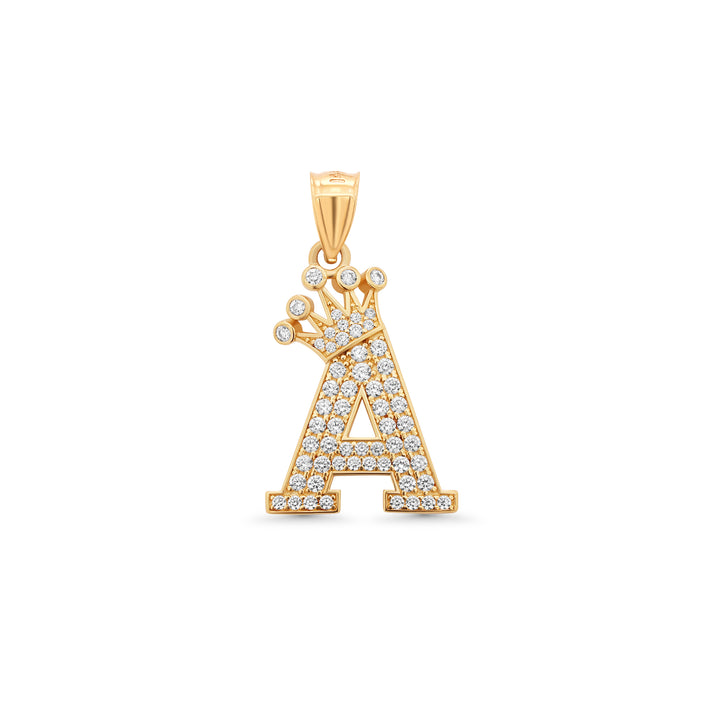 14K Yellow Gold Crown Initial Pendant with Cubic Zirconia Stones