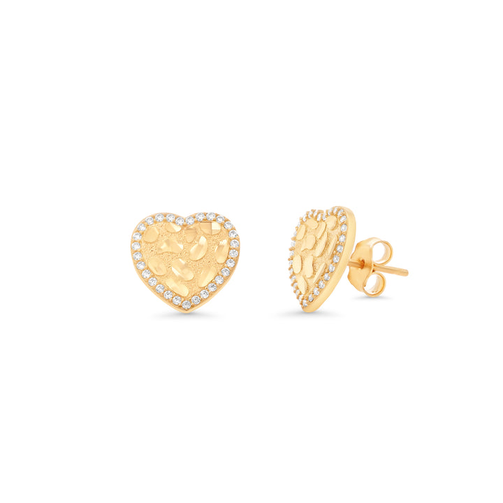 14K Yellow Gold Heart Nugget Earring With Cubic Zirconia Stones