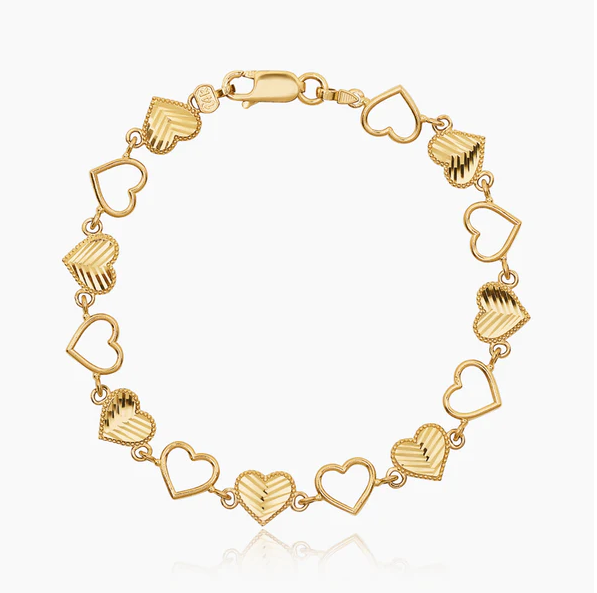 14K Yellow Gold Hearts &amp; Silhouettes Repeat Bracelet 8.0mm with Lobster Lock