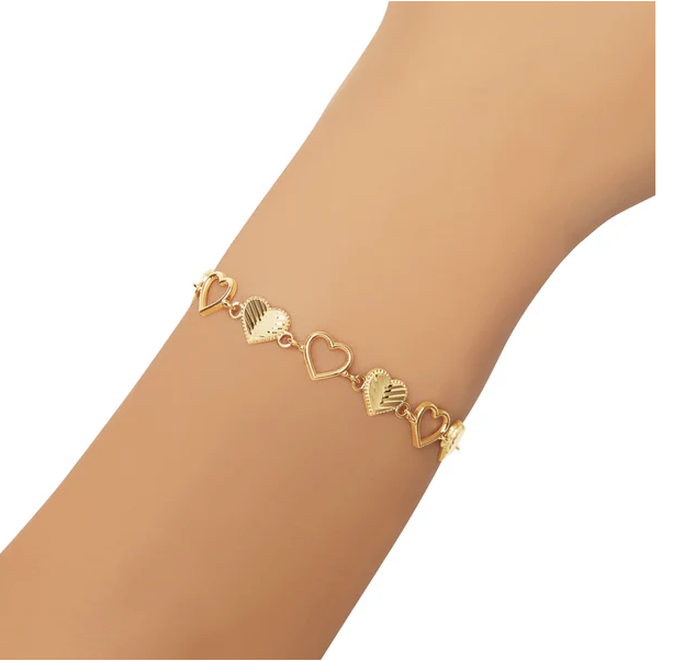 14K Yellow Gold Hearts &amp; Silhouettes Repeat Bracelet 8.0mm with Lobster Lock