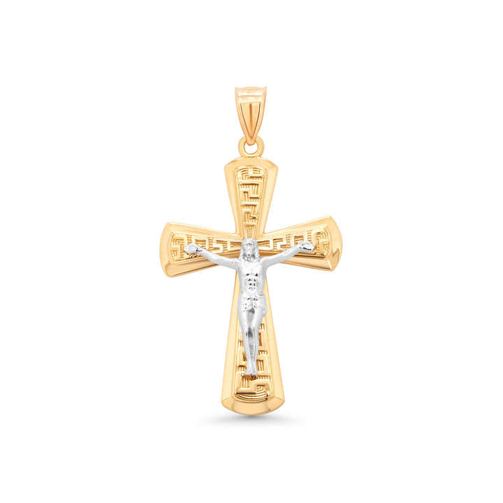14K Yellow Gold Heritage Greek Key Crucifix Two-Tone