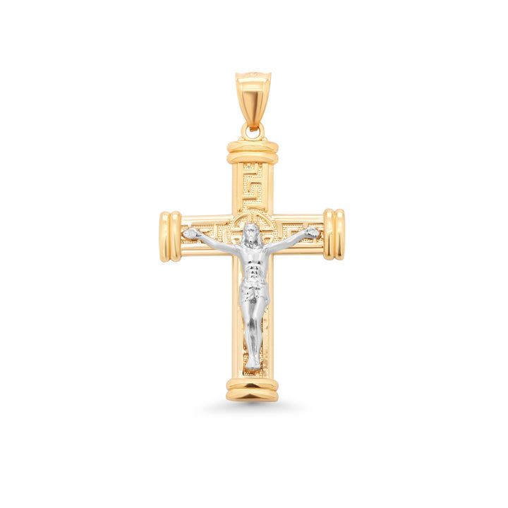 14K Yellow Gold Greek Key Crucifix Pendant Two-Tone