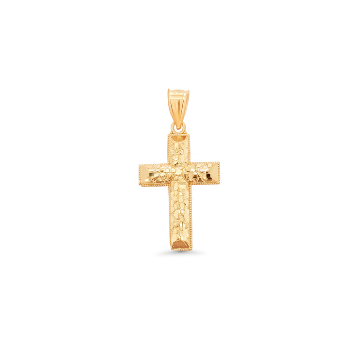 14k Yellow Gold Nugget Cross with Miligrain On The Frame Pendant
