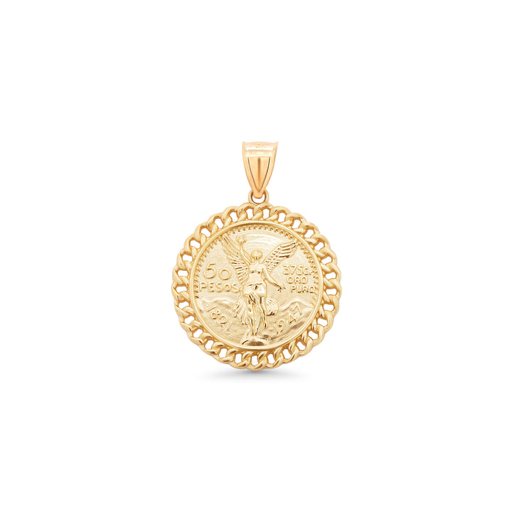 14k Yellow Gold 50 Pesos Centenario Coin Pendant with Cuban-Style Frame