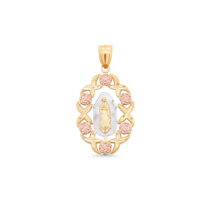 14K Tri Color Gold Guadalupe With Flowers Pendant