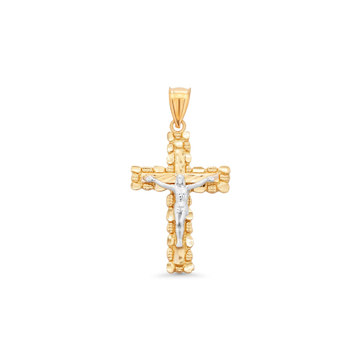 14k Yellow Gold Nugget-Edge Crucifix Two-Tone Pendant