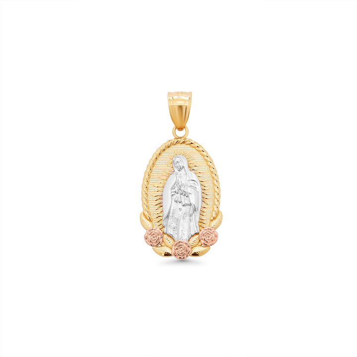 14K Tri Color Gold Guadalupe Medallion With Flowers Pendant