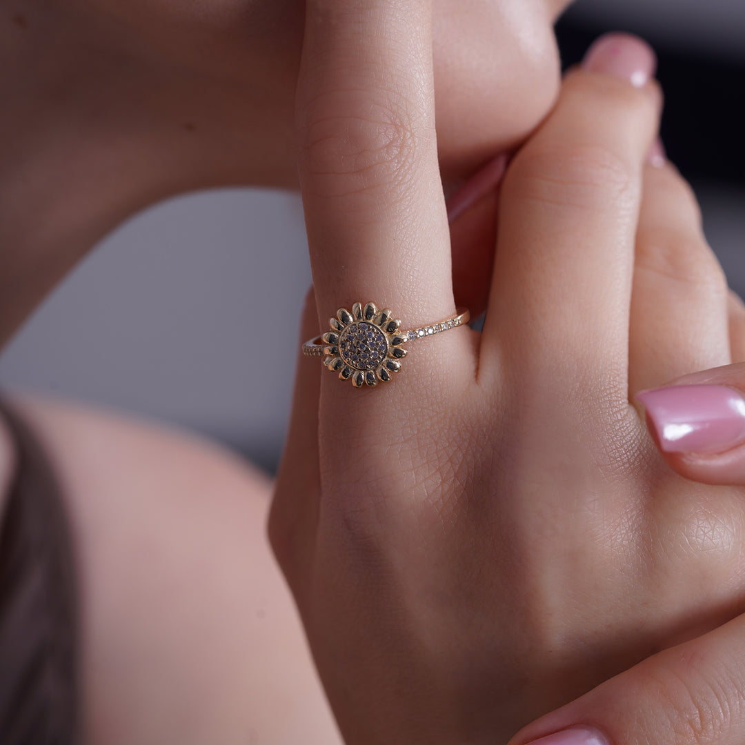 10K/14K Yellow Gold Sunburst Sunflower Ring With Cubic Zirconia Stones