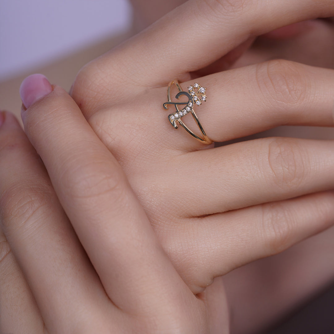 10K/14K Yellow Gold Crown Initial Ring with Cubic Zirconia Stones